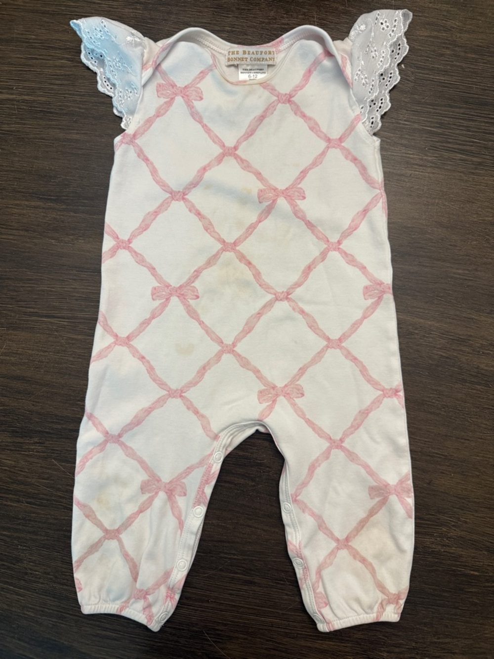 The Beaufort Bonnet Company Pink Bow Lattice Baby Romper